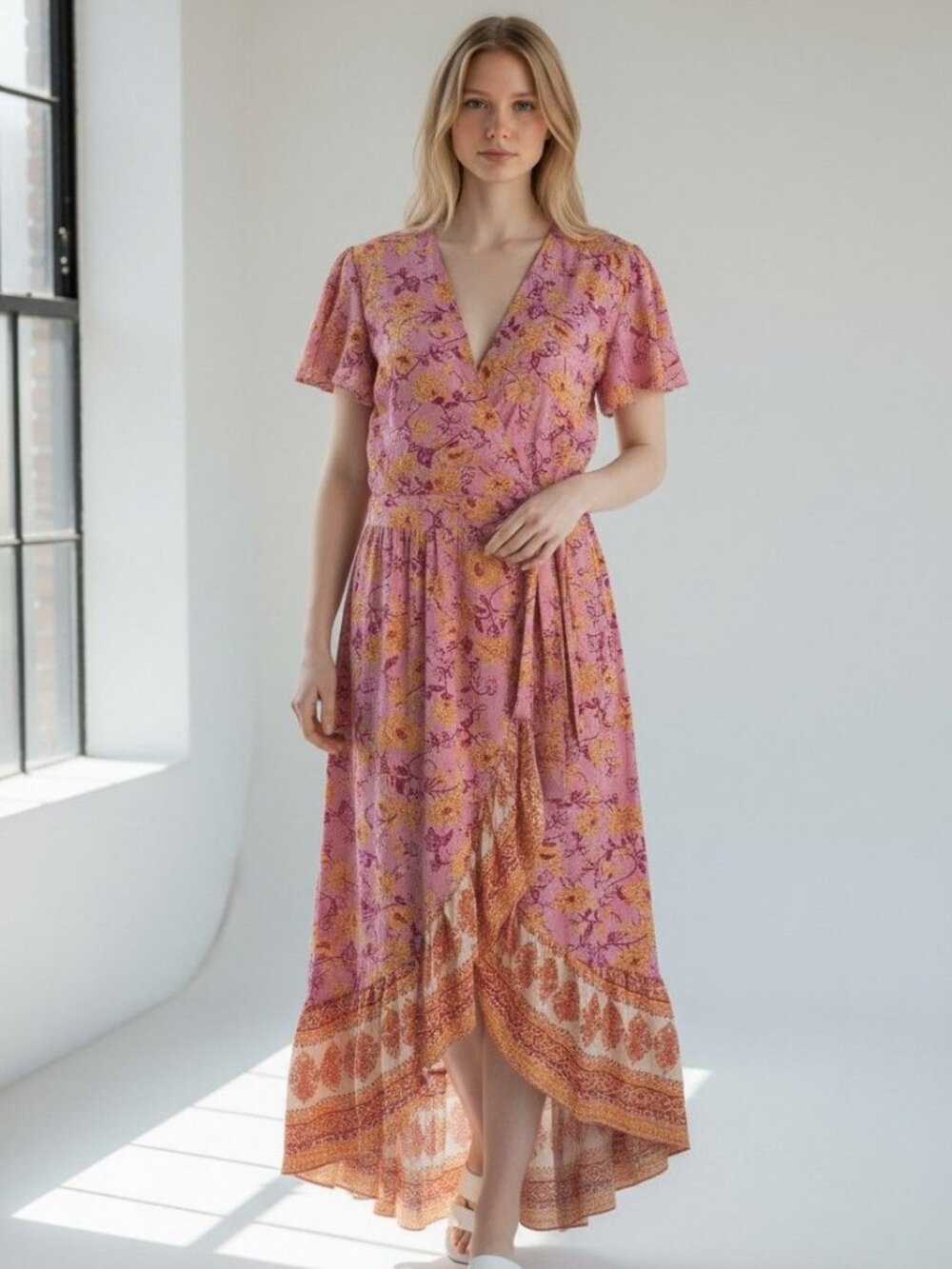 ZESICA wrap-around maxi dress. floral design & ruffles, Lavender-gold, Small